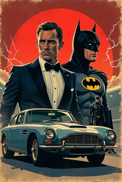 60s style movie poster 007 movie Sean Connery Dianna Rigg as bond girl batman next to catwoman classic Aston Martin next to Batmobile Batmobile 89 lightning bolts/dc in black and red morumbi stadium villains in the background