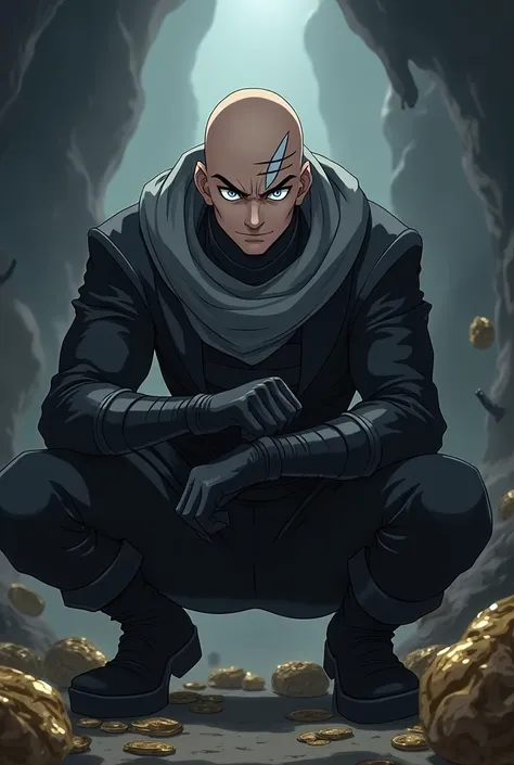 anime style, male character, gray eyes: 2:4, (((bald))), white scars on face horizontally across forehead, heavy gray scarf, black rogue outfit, smirk, black boots, in a cave with treasures scattered around, anime style, dynamic, full body, animation quali...