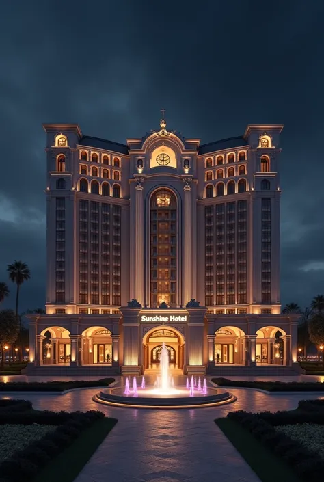 The sunshine  Big Hotel in dark night, water fountain,  this is a luxurious 3D pixer Hotel , big entrance door, &  sunshine hotel   name plate , hotel in big area and this is very beautiful 