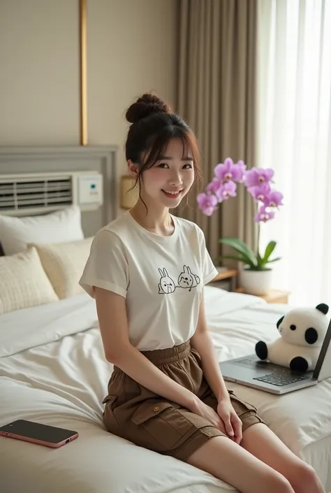 Cinematic photorealistic of a beautiful Korean woman with smooth white skin, perfectly groomed face, hair tied up in a bun with Korean-style bangs, wearing a white t-shirt with a rabbit motif., brown cargo shorts with lots of pockets, posing smiling sittin...