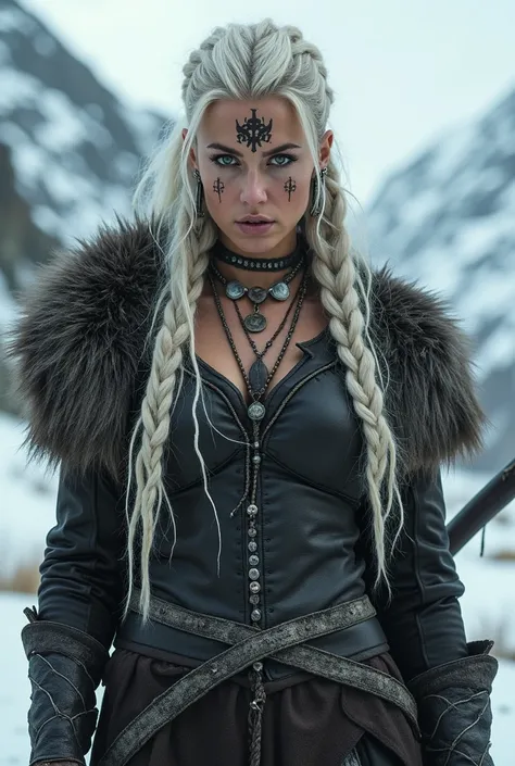 Viking woman with long hair, white and braided and loose hair. Physically robust . With piercing green eyes and warriors looking straight ahead. Black leather and metal clothing. Animal fur coat. Tattoo on forehead and hands . Silver necklaces and earrings...