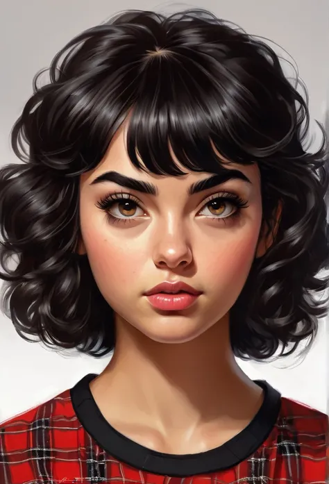 Semi-realistic illustration-type portrait of a young girl, 20 years old, still girlish features.beautiful,white, latina, short curly black hair, with a fringe of curls that covers her forehead to her shoulders. ALMOND EYES, Dark brown in color. lost gaze, ...