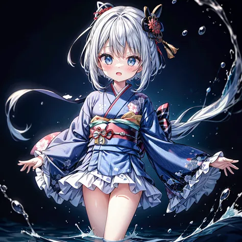 Perfect Anatomy、A girl in a kimono stands holding a jet black Japanese sword with a glittering tsuba、White medium hair、blue eyes、A kimono with a galaxy pattern on a blue background、White splashes on a black background、super high quality、Ultra-fine detail、U...