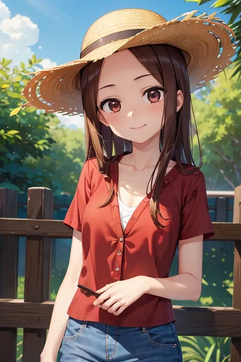 takagi-san、shiny brown hair, long hair,((medium chest、amount、center part:1.2))、 beautiful brown eyes、smile、shining eyes, (fine g...