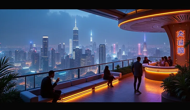 城市景观Rooftop bar，霓虹灯roof，Rooftop bar，可欣赏城市景观的roof酒吧夜景，Futuristic Background，Wide Film Landscape，城市roof，City night scene，roof，Night shot，Wide-angle shooting，masterpiece，High Detail，High-definition quality，8k