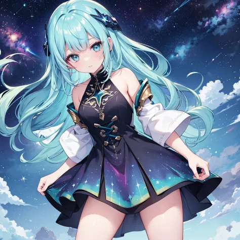 a girl with rainbow colored hair and detailed teal dress armor, standing, rainbow colored cosmic nebula background, stars, galaxies, intricate details, perfect face, anime