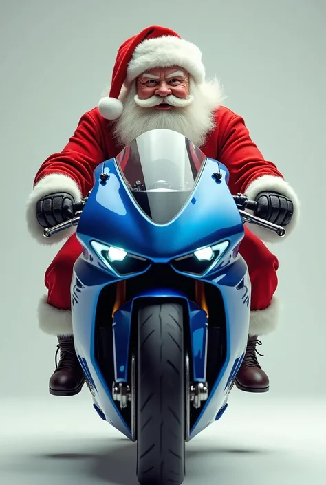 A front view image of Santa Claus on a blue high-powered sports bike