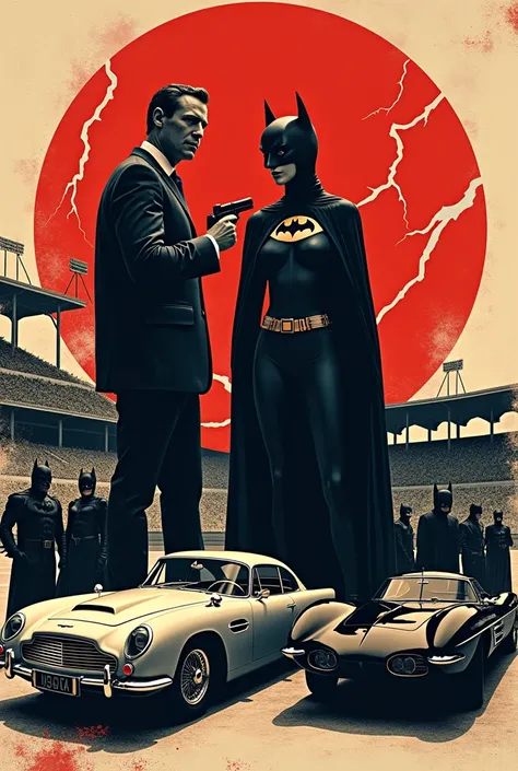 60s style movie poster 007 movie Sean Connery Dianna Rigg as bond girl batman next to catwoman Aston martin db5 next to Batmobile Batmobile 89 lightning bolts/dc in black and red morumbi stadium villains in the background