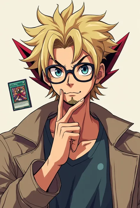 anime style young, slightly athletic man with short extreme curly blond hair. Prescription glasses. mustache and beard on the chin. Ear flares. holding a yugioh card
