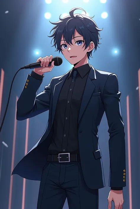 Create a cool male anime character pose standing with a microphone