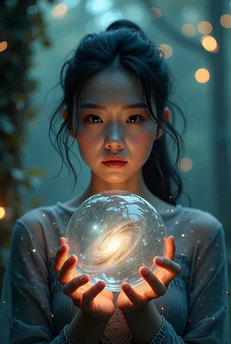 1girl asia 27year old(An intricate galaxy trapped in a crystal), atmospheric Oliva lighting, enchanting forest, 4k UHD, dark vibes, sparkling lights, hyper detailed, vibrant colors forest background, epic composition, octane render, sharp focus, high resol...