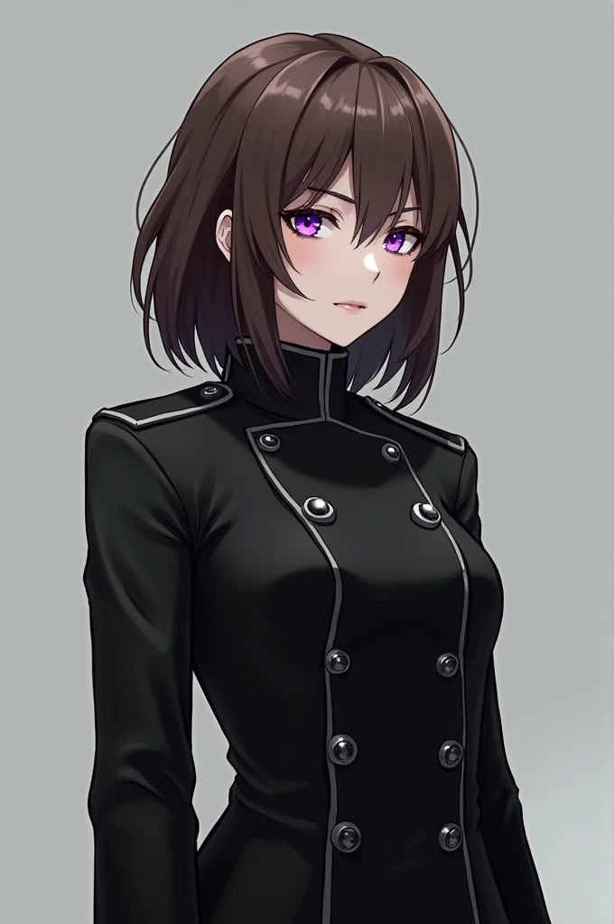 a girl with brown medium length wolf cut and purple eyes in an all black military uniform 