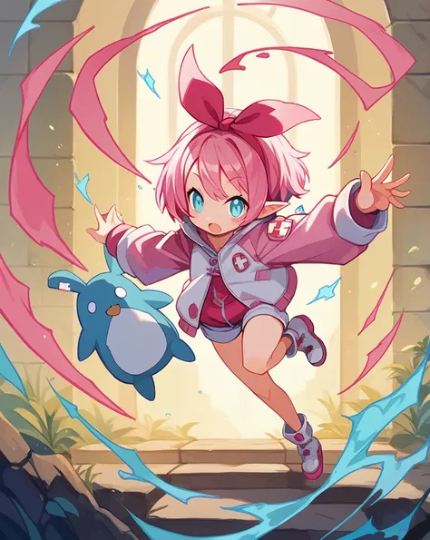 A cute cartoon animal，Cute white elf girl, Warm colors predominate, cyan eyes, pink hair, dynamic Pose, short hair, big black head ribbon, White and pink clothes, jacket, shorts, medic theme