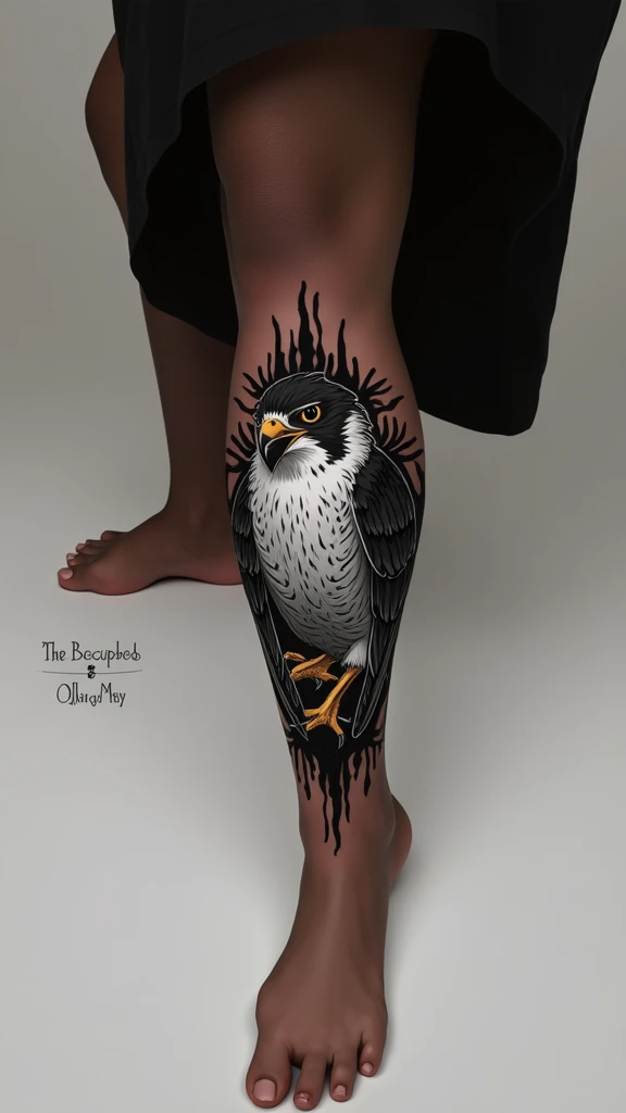 Black and white falcon with ink pen strokes as if it were a sketch for a tattoo on a fighter&#39;s shin, black and white that takes up a good amount of space vertically, wings a little more closed, emphasis on white and crossed out lines, as if it were the...