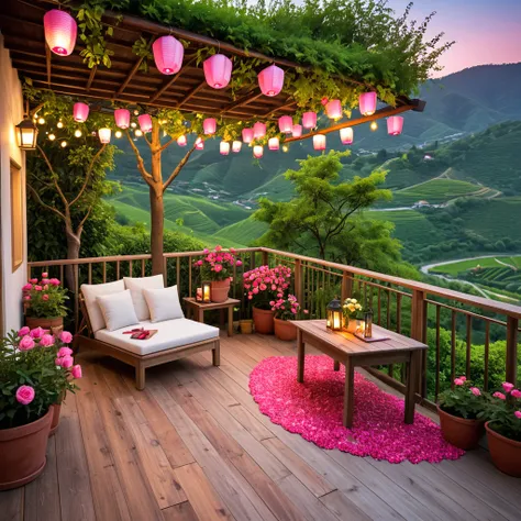 Create a calm and romantic atmosphere on the wooden terrace at dusk., with warm ambient lighting from hanging lanterns casting a soft glow over the wooden floors.. The terrace is decorated with vibrant pink and red flowers in rustic pots., and a small wood...