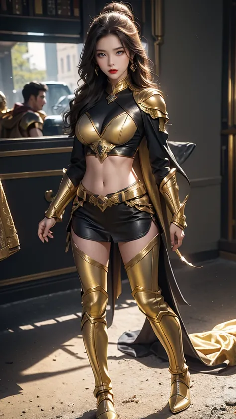  superhero, golden armor,  exposed midriff, being on the battlefield,fierce,full body