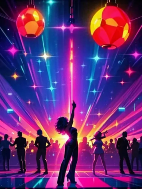 silhouettes of people dancing in disco scene with colored lights and disco ball in the background generative, retro party scene,...