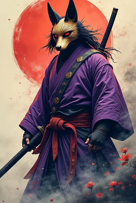 Sumurai T-Shirt art purple and katana fox mask
