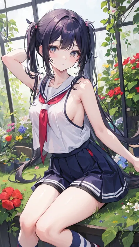 one，primary school student，child，younger sister，high resolution, masterpiece, Best quality, Long hair, Twin ponytails,，Small Breasts，cute，White loose armpit spaghetti strap vest，shorts，striped knee socks，Clothes side cutouts，