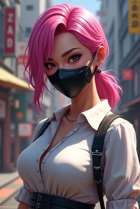 Free fire character pink hair black mask white blouse