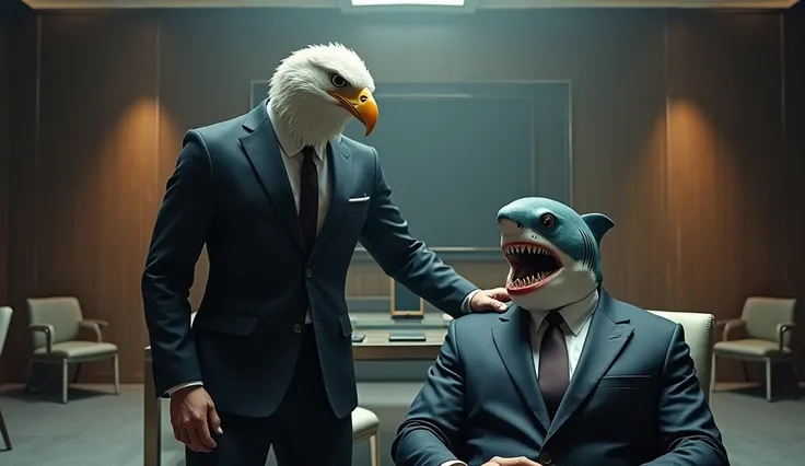 Eagle man standing putting his hand on the shoulder of shark man sitting. not anime style, and everyone wearing a suit