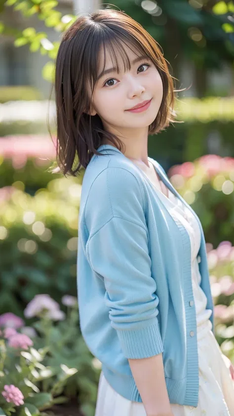 Best Quality, Realistic, Very detailed, finely, High resolution, 8K wallpaper, Cinema Lighting、1 person、cute Japanese girl、2、Short Bob、Blue cardigan、 (Blurred Background、noon、garden、Natural Light)、Sharp focus, Perfect dynamic composition, Narrow eyes:1.5, ...