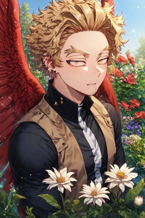 absurdres, highres, ultra detailed, HDR, master piece, Hawks, ash blonde hair, expressive golden-brown eyes, brown coat with fur, black tight shirt, red wings, faint stubble, sexy man, best quality, Boku No Hero Academia, solo, sensual, glittering, accesso...