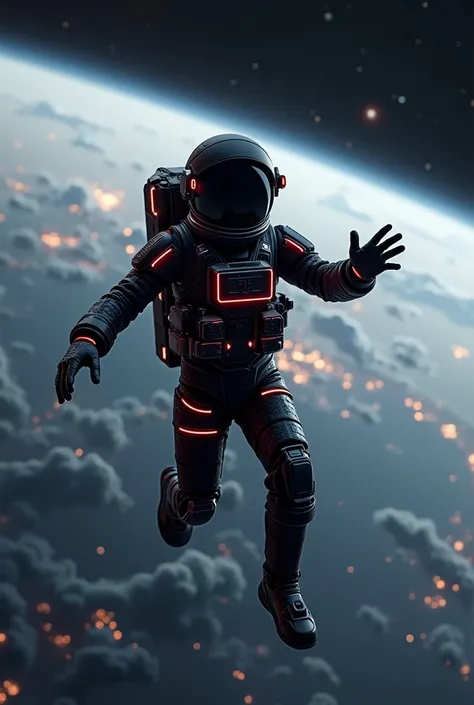 an astronaut floating in space, reaching out with one hand. The astronauts suit is predominantly black with striking red accents, giving it a futuristic and high-tech appearance. In the background, Earth is visible, showcasing a mix of clouds and illuminat...