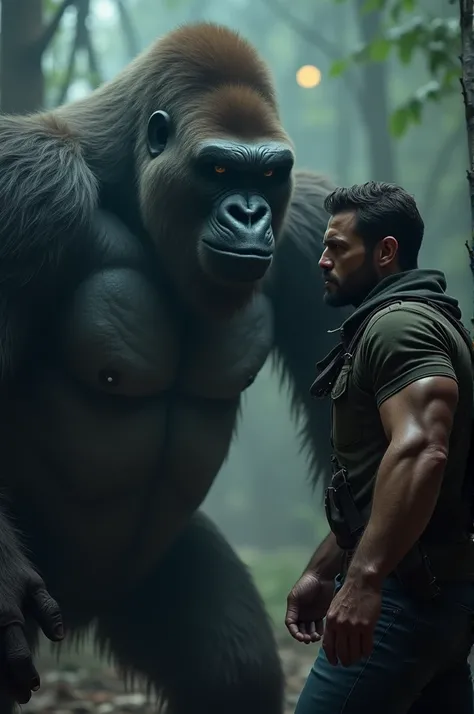 Man and gorilla standing face to face in very scary scene , hyper realistic 