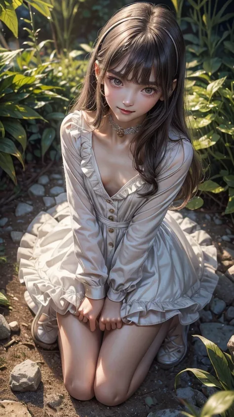 ((Detailed face))、((Exquisite Background))、Professional photos、((8k))、Pan Focus、(Loose clothing)、(Frill dress)、((No inner))、garden、beautiful girl、((Slender))、(Thin eyebrows)、(Long eyelashes)、(Symmetrical eyes)、Small Nose、((Slim and beautiful legs))、Ultra-h...