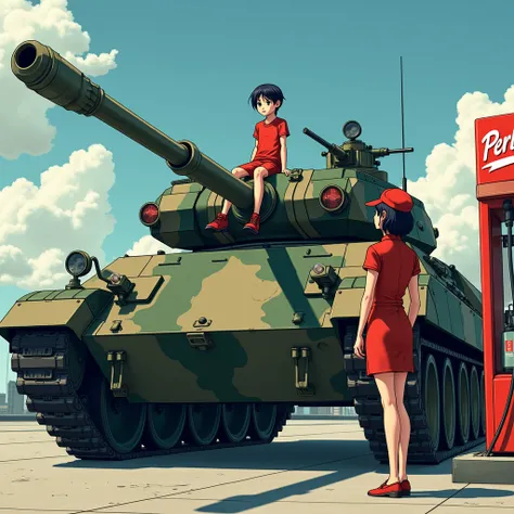 "A teenage boy with short, side-parted hair is sitting on top of a military tank with a camouflage pattern in dark green and grey. The tank is stationed at a modern fuel station with red and white colors, labeled Pertalite. A beautiful female attendant wit...