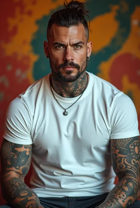 create a mockup of a man in a white t-shirt the model must have tattoos , that the image is only visible up to the neck, the background has to be eye-catching for sale 

