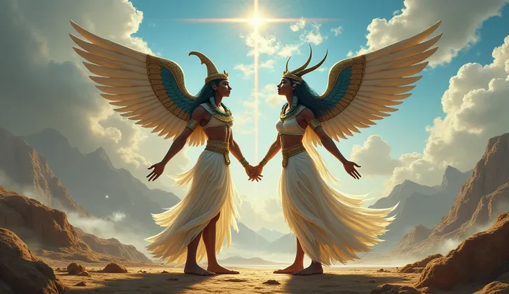 Shu, the god of air, and Tefnut, the goddess of moisture, stand together, shaping the world. Shu is holding the sky above, while Tefnut creates clouds and mist. The background features emerging landscapes with rivers and mountains forming.