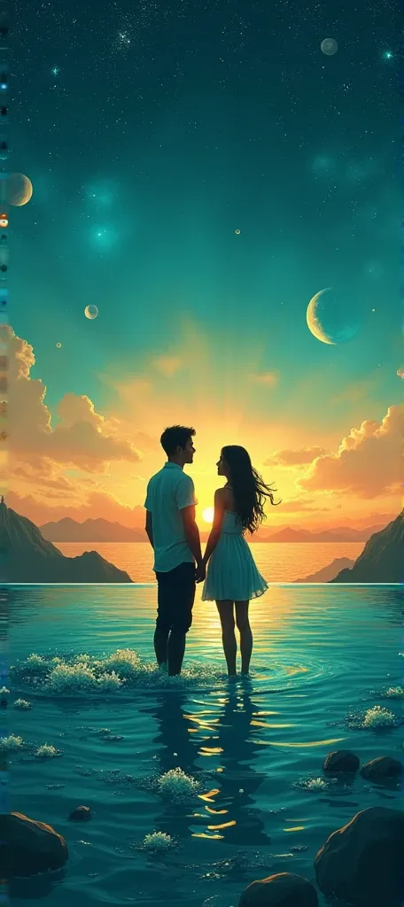 Silhouette of romantic couple watching the sunset. clear sky, well-defined planets, Turquoise, navy blue and gold tones. Couple surrounded by bright turquoise water bubbles 