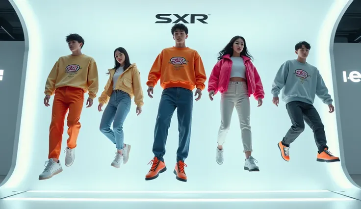 (photorealism:1.2): a group of realistic, handsome young K-pop idol-looking artificial intelligence with the LED SXR logo and full body move in the air. A male mannequin displays the sports shops SXR logo on the background and is wearing a gym SXR logo. Th...