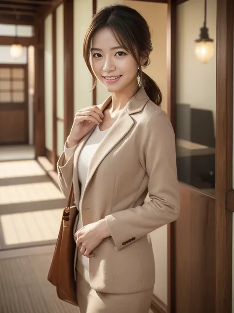 Cowboy Shot, (Mid-autumn Date), 
break, 
((Office casual style outfit:1.2)), 
break, 
View your viewers, Japanese female university student, (One Woman:1.2), She is very beautiful, Glowing Skin, Perfect Face, Cute and symmetrical face, 
break, 
Light Brown...