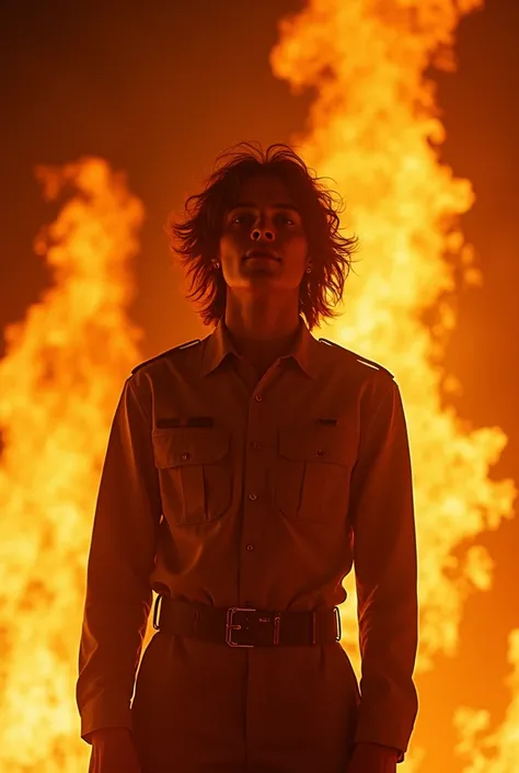 A person playing the Coachella on the stage. In a fire, and is with a peaceful face and calm.  Is an a uniform and is a male with a mid neck length hair that is wispy and fluffy. 