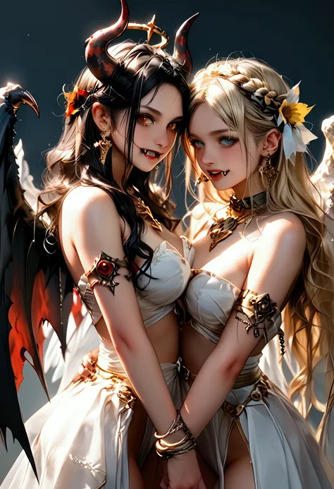 (best quality) (masterpiece) (ultra-detailed) two women in costumes with sunflowers and skulls on their heads, beautiful good angel and evil devil, skulls at her hips, beautiful digital artwork,sensual epic fantasy art, sorayama. , 4k highly detailed digit...