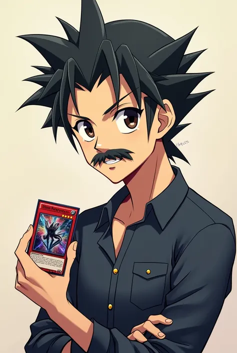 anime style young slim man with black hair two block chop with long layers . mustache and beard on the chin.  holding a yugioh card