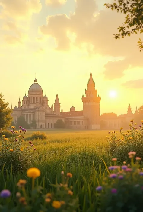 The background scene in front is a beautiful meadow with historical landmarks behind and the light reflecting orange-yellow.