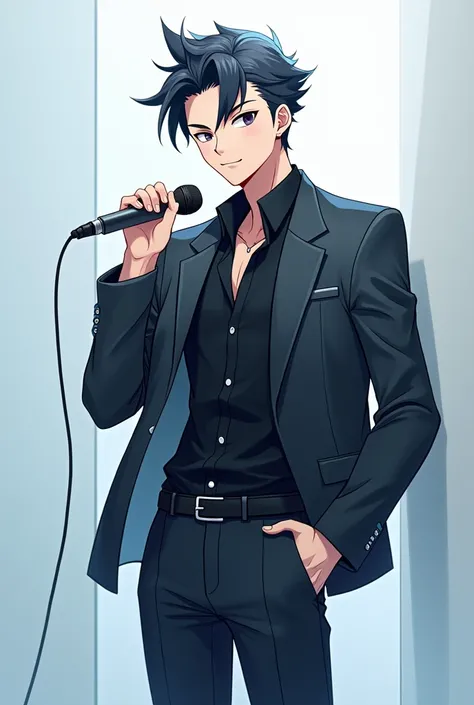 Buatkan pose karakter anime cowo Cool berdiri dengan membawa microphone, Cool, full body