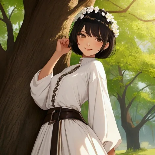 woman, black hair, tomboy haircut, small breasts, thin waist, stylish white medieval dress peasant style, light brown eyes, brown skin, flower crown, Tomboy style, leaning against the tree, smiling, fly away, sword at her side 