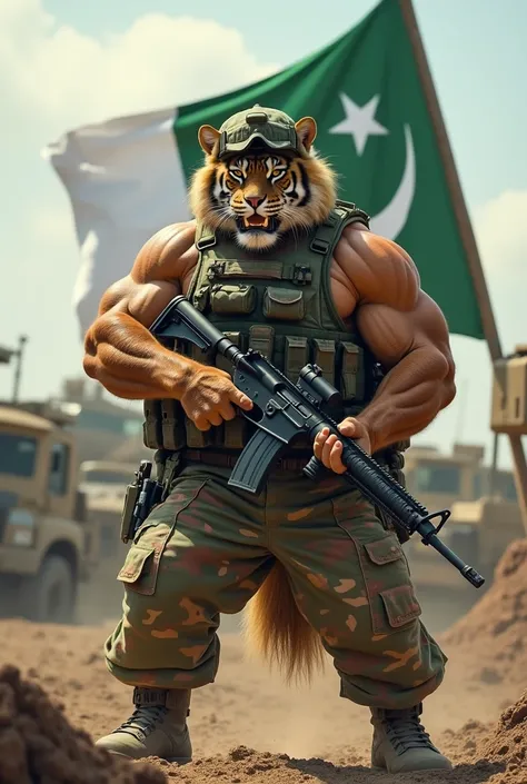 A big cat,  bodybuilder, pakistani army dress,one gun,  pakistani army place background , pakistani flag background 