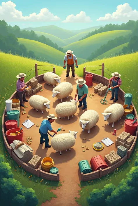 “Design a visually appealing circular arrangement of various sheep farming tools and equipment. Include items such as feed buckets, sheep vaccines, ear tags, farmers, farm, farmer, sheeps, farm boots, wool, fencing equipment, and clipboards with notes. The...