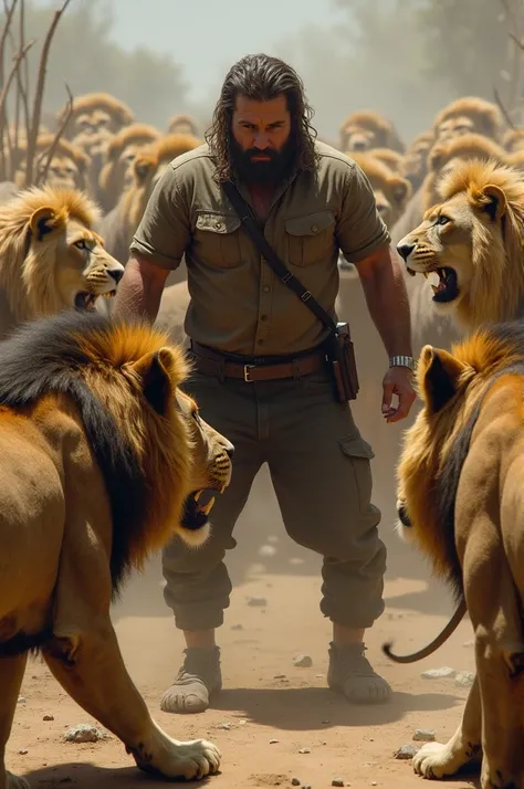 Man and lions standing face to face in scary scene hyper realistic 