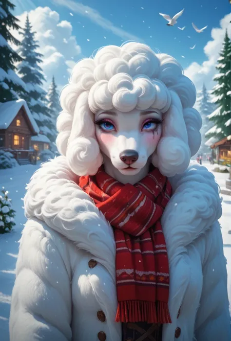 One Girl, Perfect figure, Wearing fur, Fur coat, White Toy Poodle、A long scarf around her neck flutters in the wind, Blizzard, Wearing gloves, Send a thief, Blushing, Eye Makeup Shadows, Winter Town, Snow covered, Home々snow piled up on, Smoke coming out of...