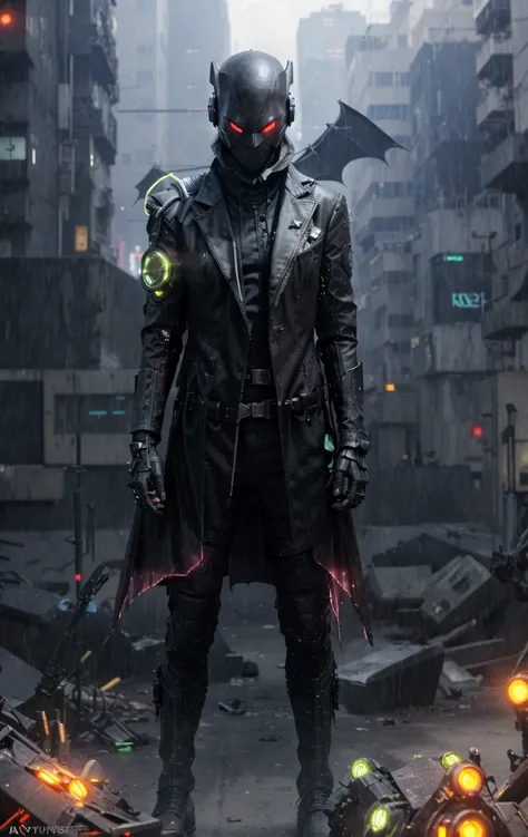 there is a man in a black suit and a helmet standing in a city, portrait of a ciberpunk assassin, cyberpunk character art, cyberpunk batman, cyberpunk character, photorealistic dark concept art, full portrait of electromancer, dystopian sci-fi character, d...