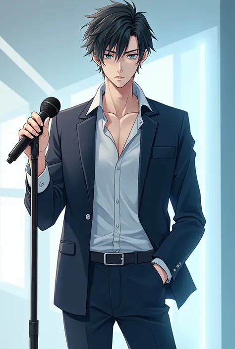 Buatkan pose karakter anime cowo Cool berdiri dengan membawa microphone, Cool, full body