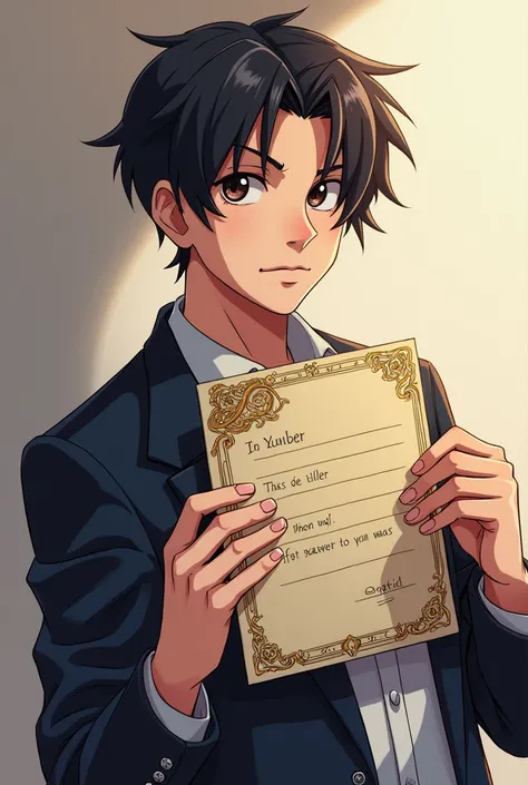 anime style young slim man with short hair parted in the middle.  mustache and beard on the chin.  holding a yugioh letter
