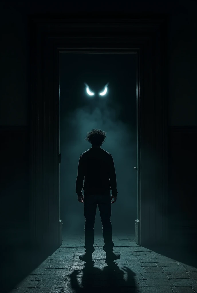 Prompt: "In the darkest corner of the mansion, Rahul is seen standing in front of the black door that is now fully open. From the pitch-black room behind the door, glowing eyes stare out, locked onto him. Rahul’s face is filled with terror, realizing he is...